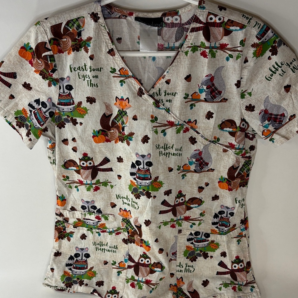 Fall Fox & Owl Print V-Neck Scrub Top